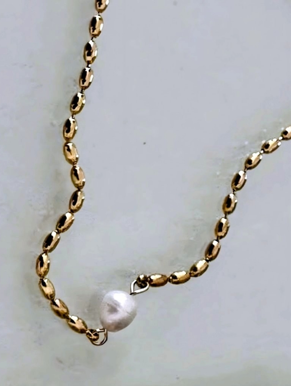 18k gp bean necklace with real freshwater pearl; 15.75" w/a 1.97" extender; nwot - Picture 2 of 10